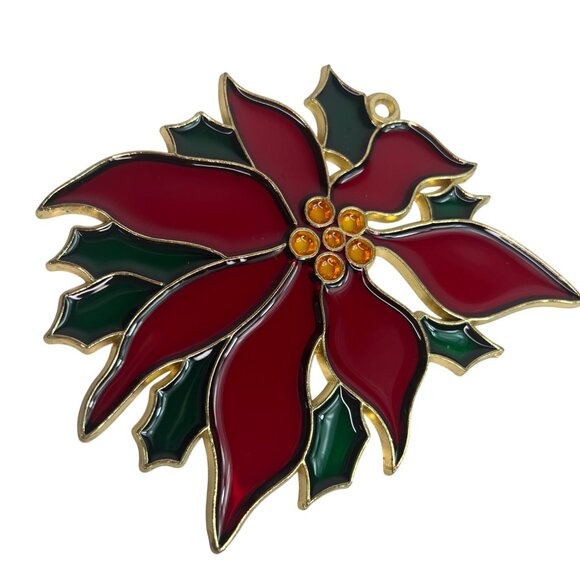 Poinsettia Stained Glass Style Christmas Ornament Metal & Resin Suncatcher Red - Picture 3 of 5